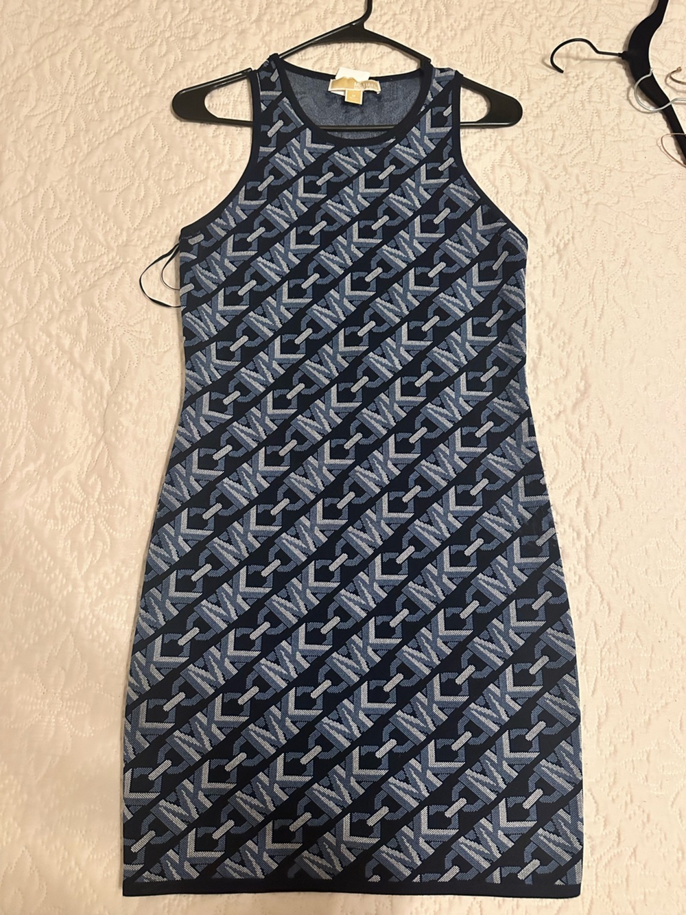 Michael Kors Navy and Light Blue Logo Jacquard Sleeveless Mini Dress